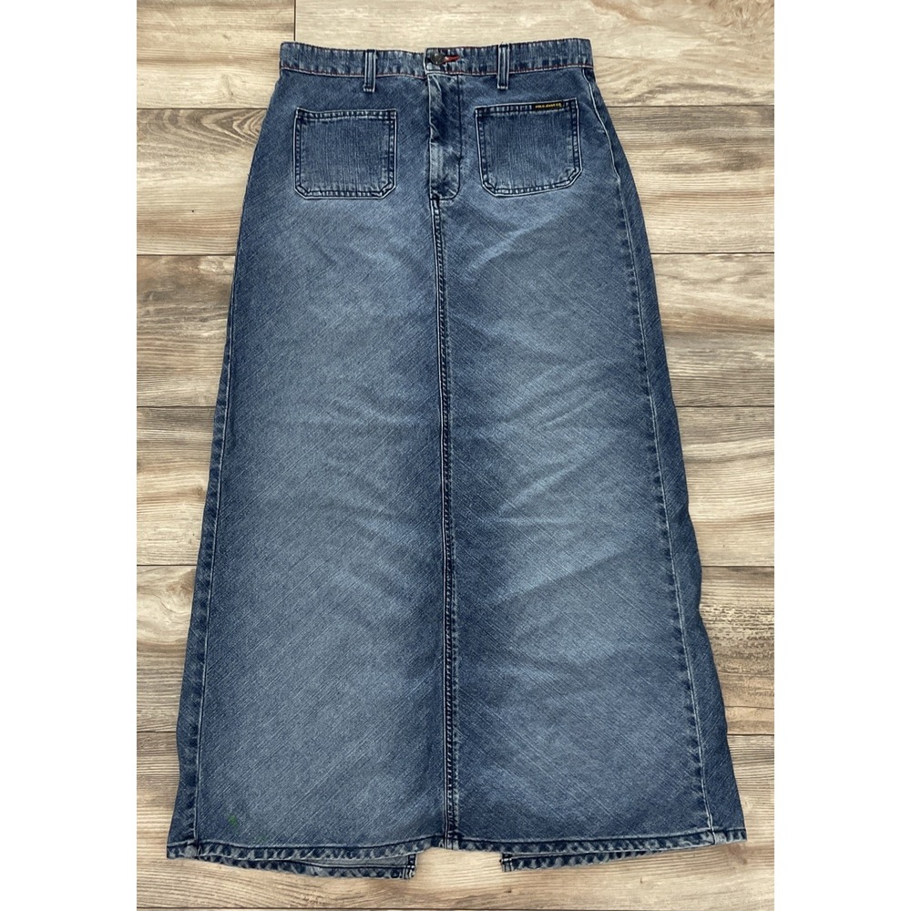 Vintage Y2K Polo Co Ralph‎ Lauren Denim Maxi Skirt Blue Patch Pocket Bias Cut